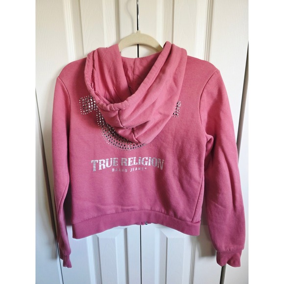 True Religion S Rose Pink Rhinestone Horseshoe Zip Up Hoodie Sweatshirt Women's - Picture 4 of 8